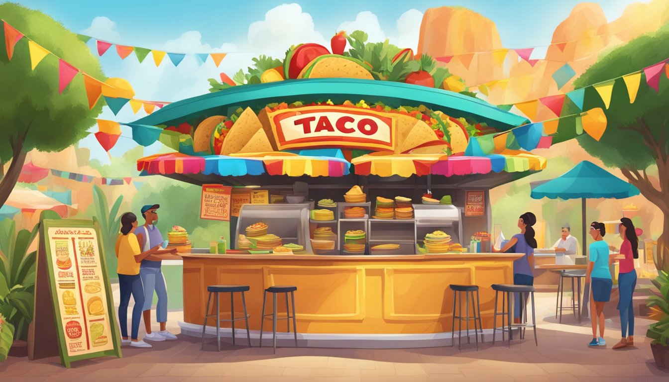 A vibrant outdoor taco stand at a theme park, surrounded by colorful banners and signs advertising seasonal taco menus