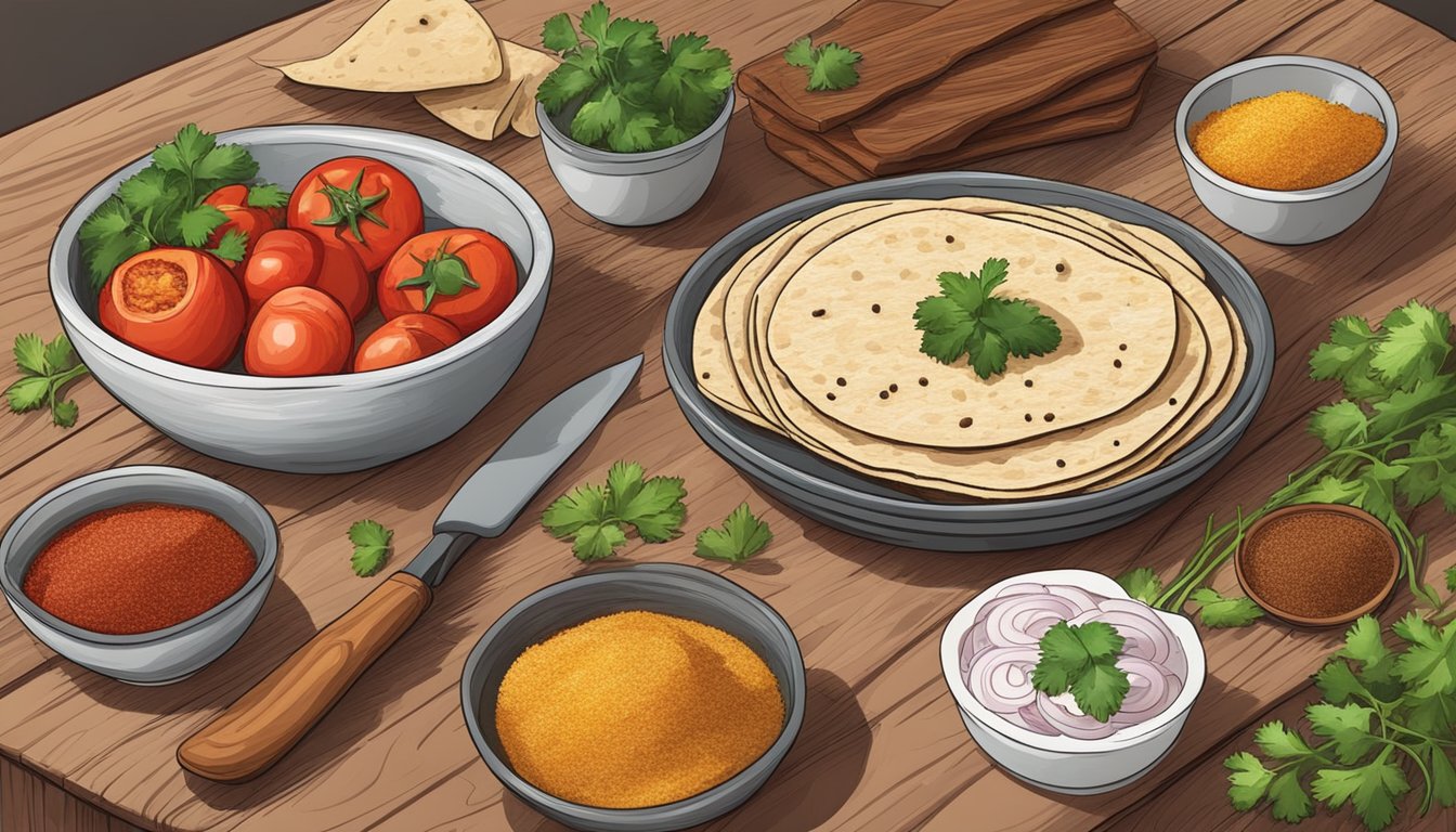 A rustic wooden table with colorful ingredients like tomatoes, onions, cilantro, and various spices. A bowl of marinated meat and freshly pressed tortillas ready for assembly