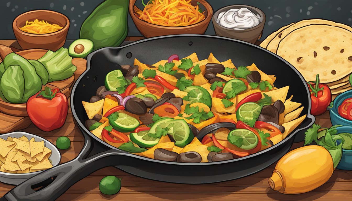 A sizzling skillet holds charred tortillas and a variety of colorful, savory ingredients ready to be assembled into delicious Mexican border tacos