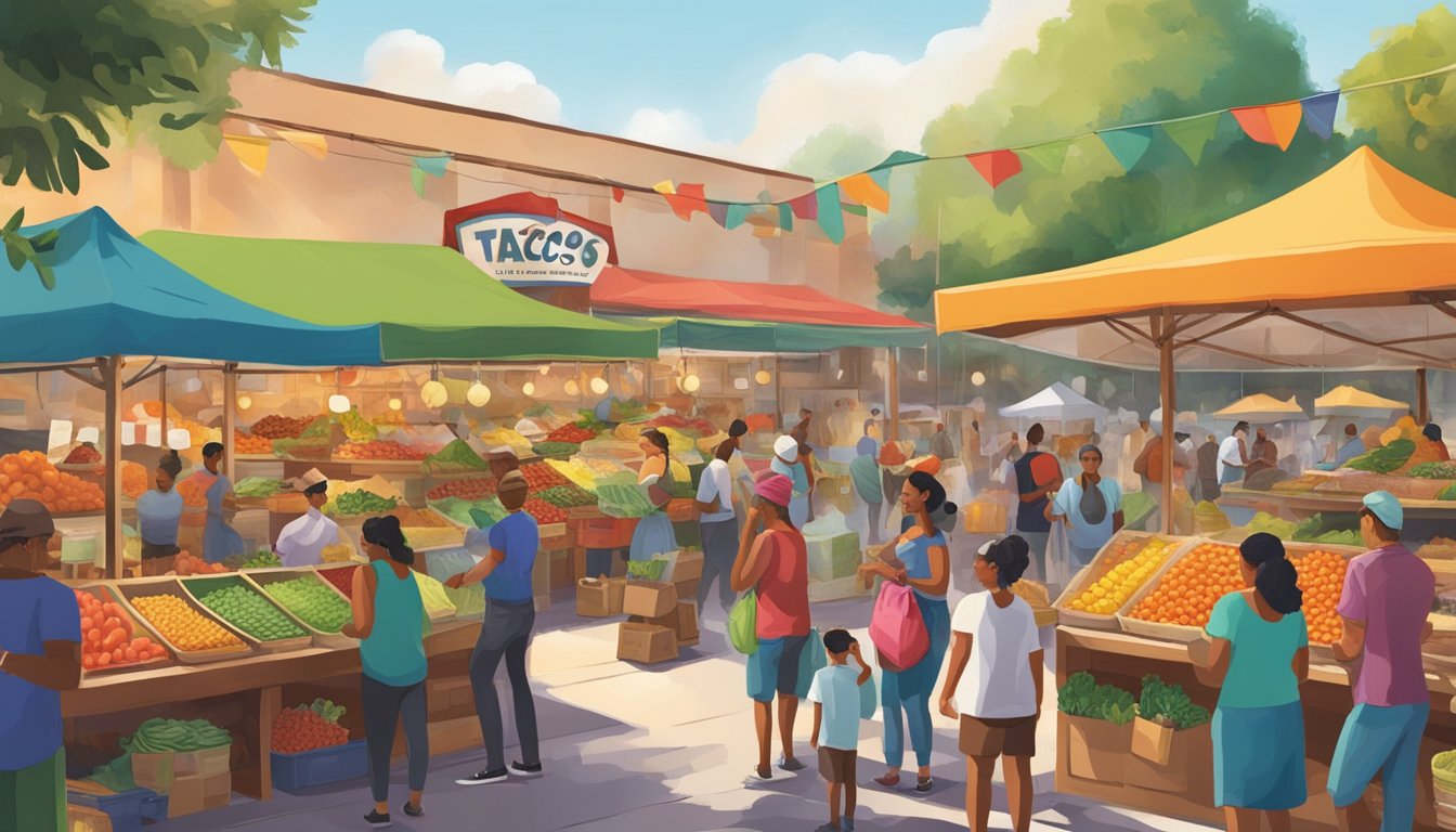 A bustling outdoor market with vendors selling fresh, colorful produce and locally sourced ingredients for sustainable tacos at Orlando's theme park