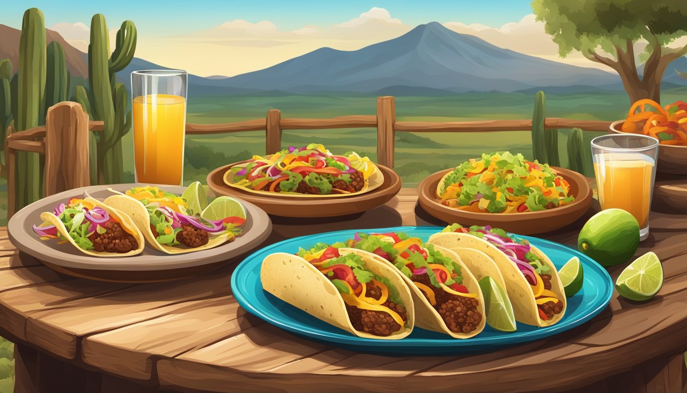 A rustic table set with colorful tacos, surrounded by traditional Mexican ranch scenery