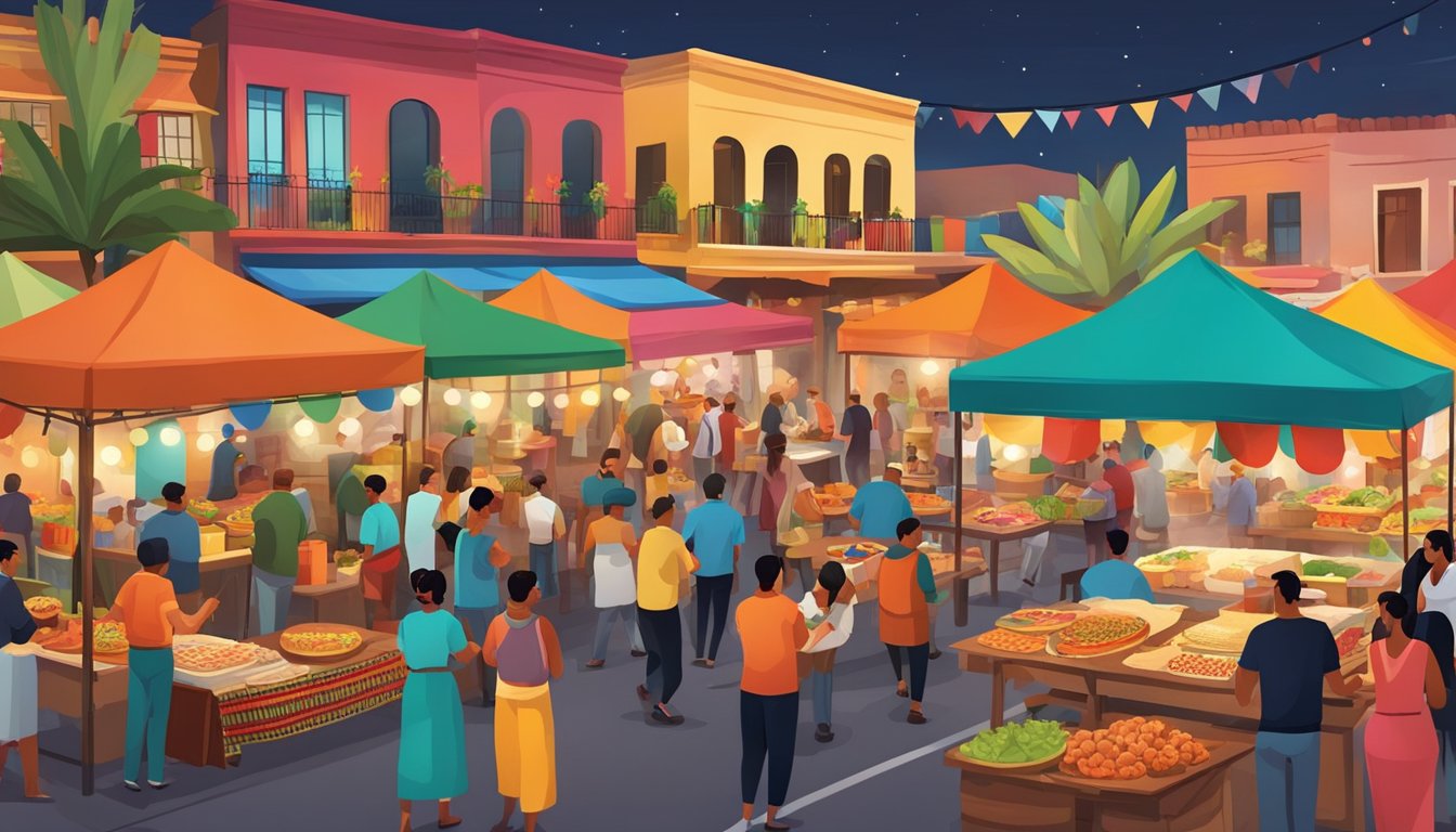 A colorful street market with vendors selling tacos, mariachi music in the background, and people socializing in a festive atmosphere