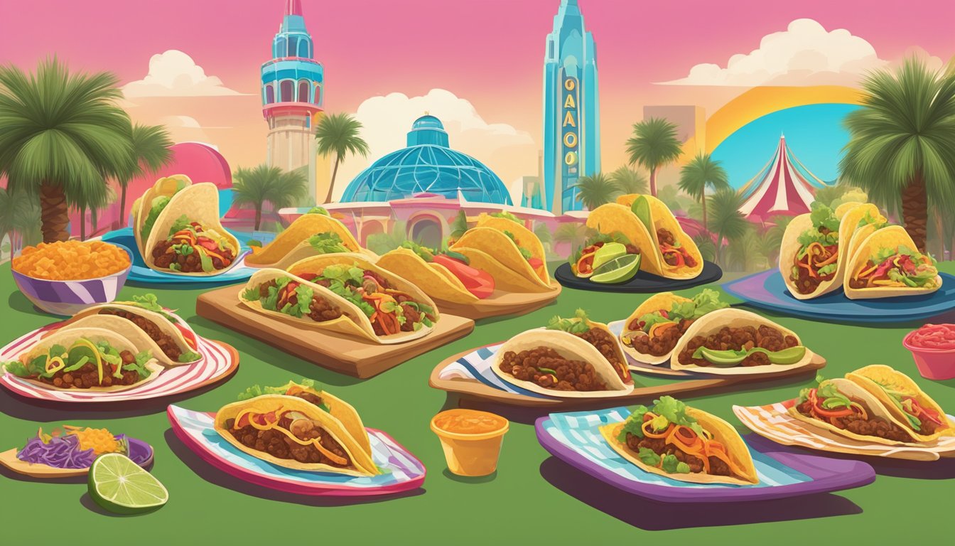 A colorful array of tacos with various dietary options, set against the backdrop of Orlando's iconic theme park