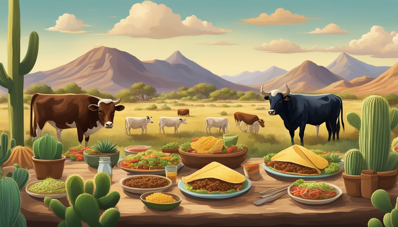 A rustic ranch scene with a traditional Mexican taco spread, surrounded by cattle and cacti, showcasing the cultural significance of tacos on ranches