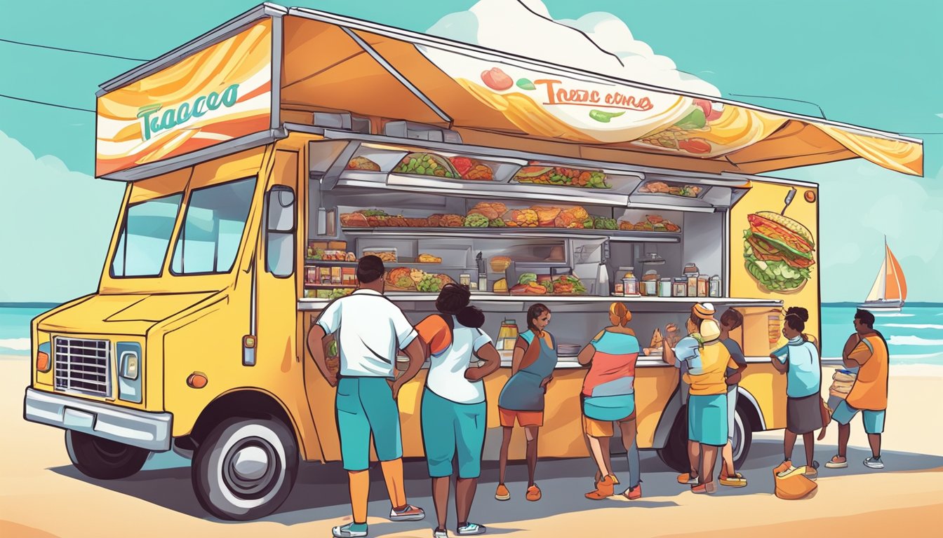 A colorful food truck surrounded by happy customers, with a chef expertly assembling mouthwatering tacos under the bright Florida sun