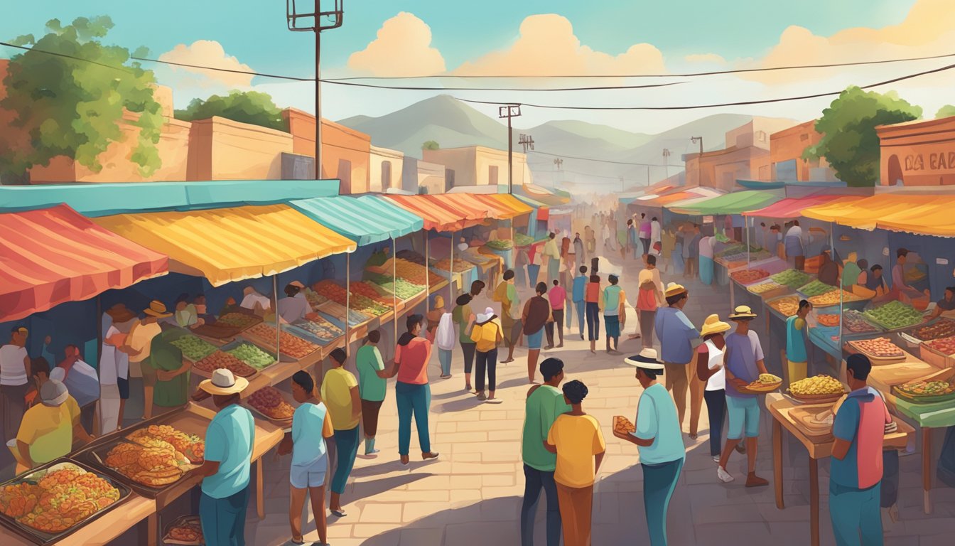 A bustling street market with colorful food stalls and people lined up to buy tacos, set against the backdrop of the Mexican border