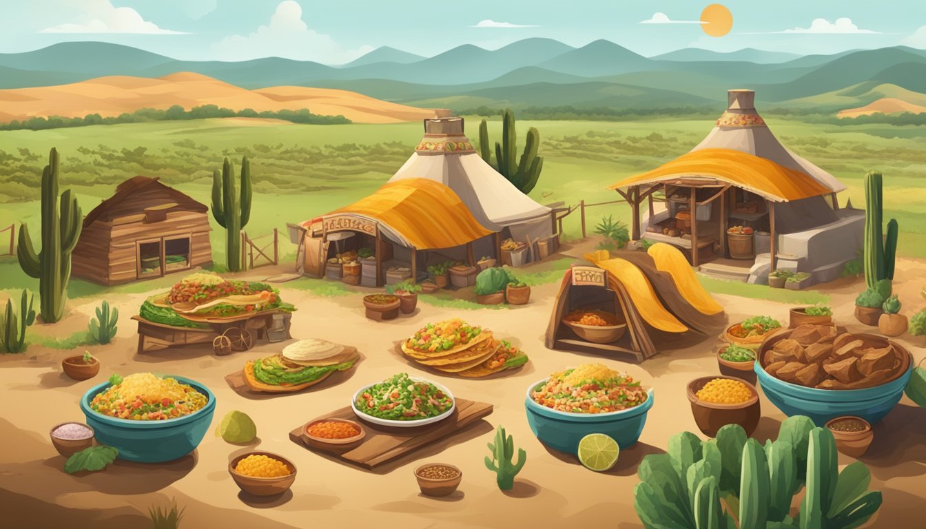 A rustic Mexican ranch with a colorful spread of tacos and traditional ingredients, surrounded by fields and livestock