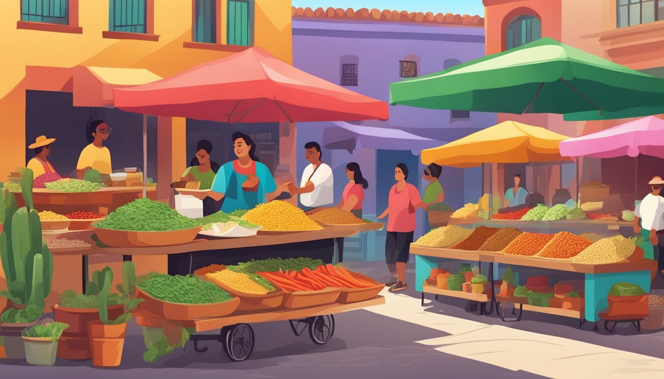 A colorful street market with vendors selling fresh ingredients and spices for making traditional Mexican tacos