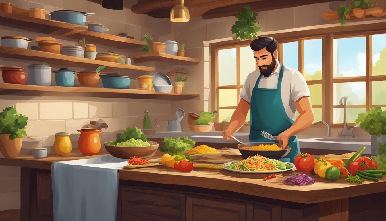 A rustic kitchen with a colorful array of fresh ingredients, traditional cooking utensils, and a skilled chef preparing tacos on a wooden table