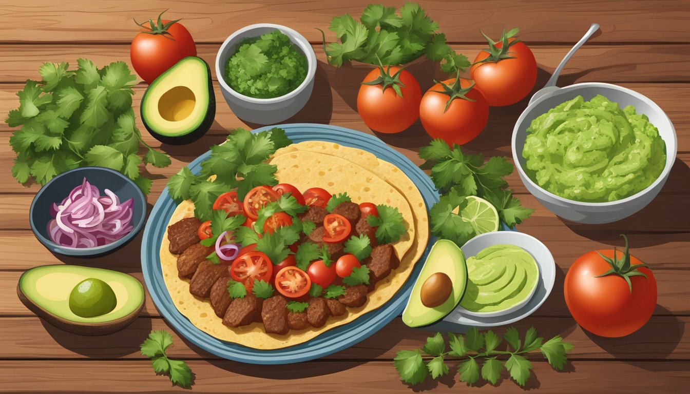 A colorful spread of fresh ingredients like tomatoes, avocados, and cilantro, along with sizzling meat and warm tortillas, all arranged on a rustic wooden table