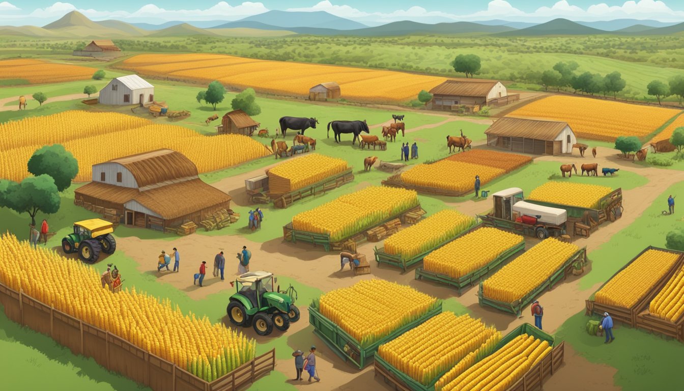 A sprawling Mexican ranch with fields of corn, grazing cattle, and workers harvesting fresh vegetables for taco production