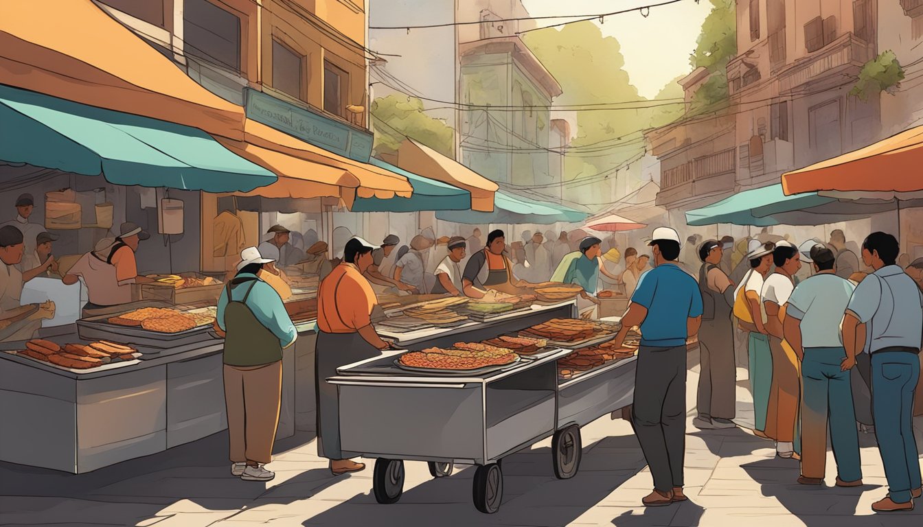 A bustling street market in Mexico City, with vendors grilling meats and assembling tacos while customers line up eagerly. The aroma of sizzling meat and warm tortillas fills the air