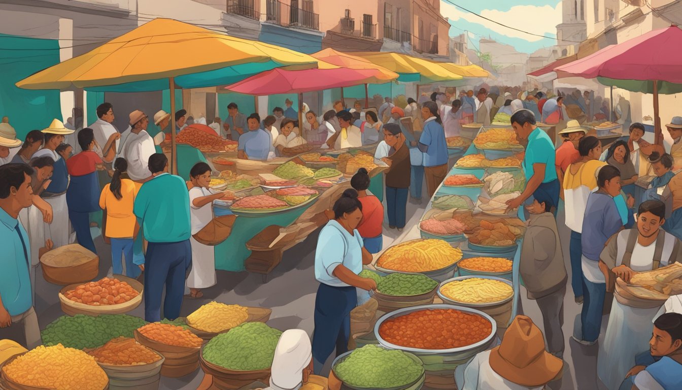 A bustling street market in old Mexico City, with colorful taco vendors surrounded by locals enjoying the traditional dish