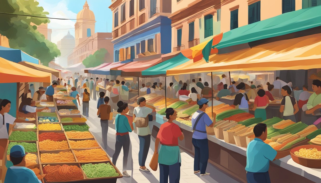 A bustling street market in Mexico City, with vendors expertly crafting regional variations of tacos amidst colorful buildings and lively crowds