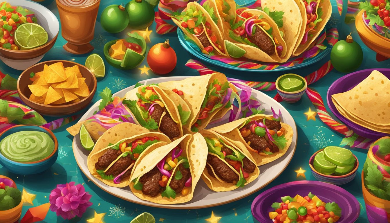 A festive table adorned with Mexican Christmas tacos, surrounded by colorful decorations and traditional holiday symbols