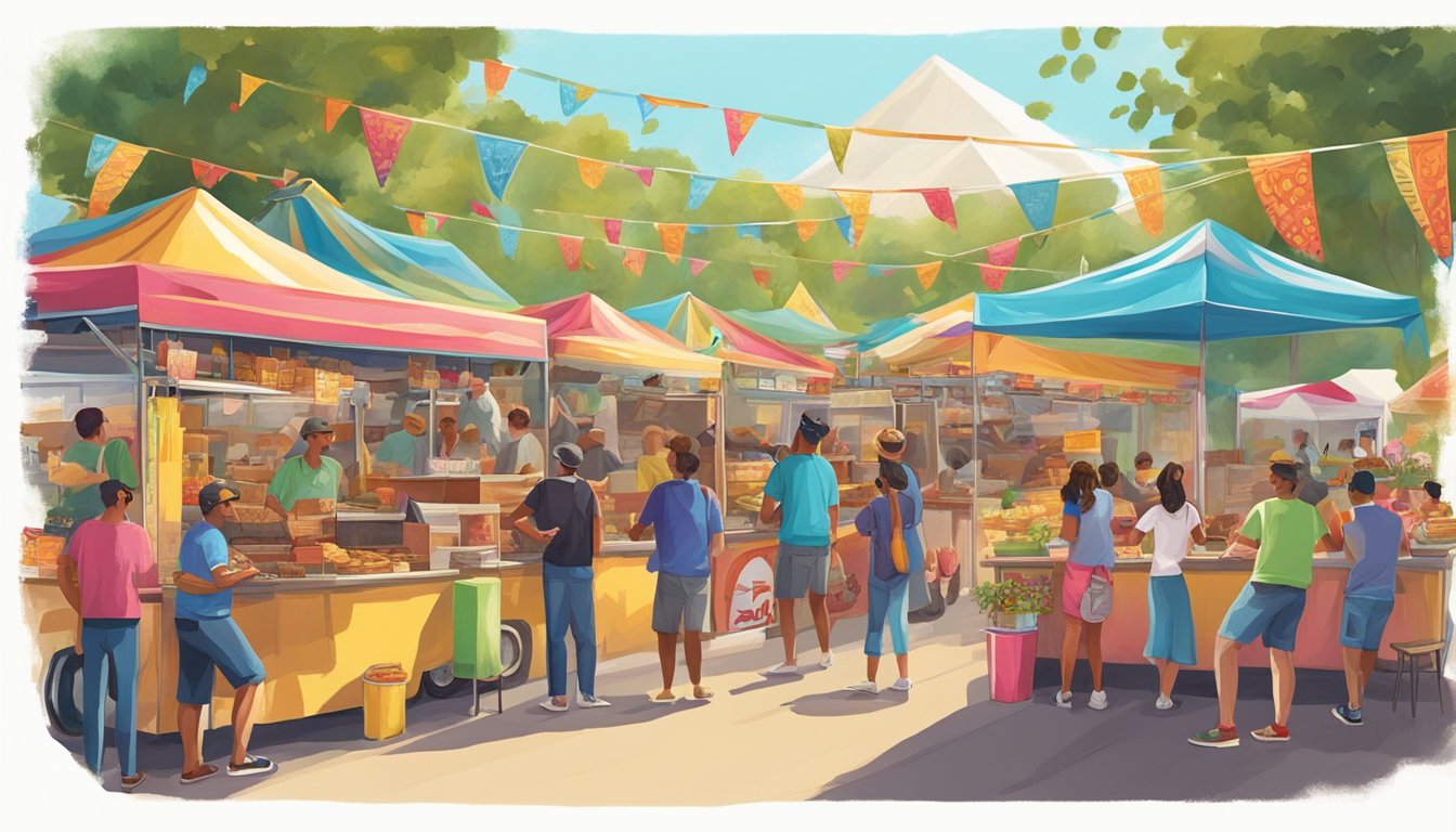 A colorful array of taco vendors and food trucks line the festival grounds, with lively music and happy festival-goers enjoying the delicious offerings