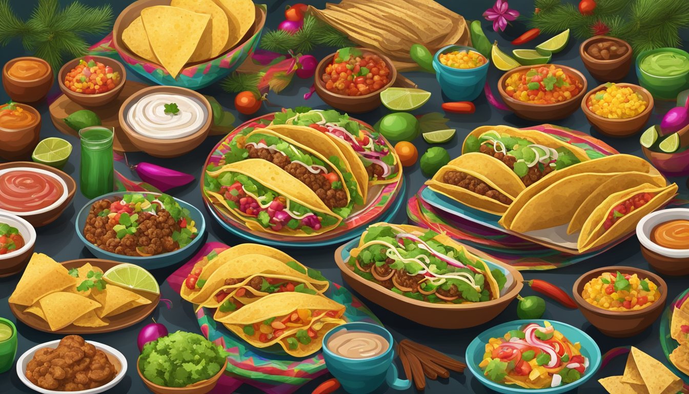 A festive table with colorful Christmas tacos, featuring various regional Mexican ingredients and decorations