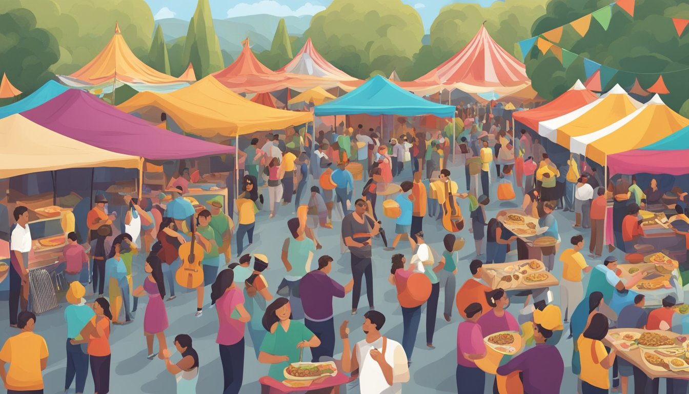 A bustling festival with colorful tents and food trucks, where people line up to sample a variety of tacos. Mariachi bands play lively music as attendees enjoy the festive atmosphere