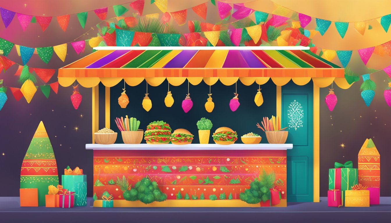 Vibrant, festive taco stand with a modern twist. Fusion ingredients and Mexican Christmas decor create a lively, colorful scene