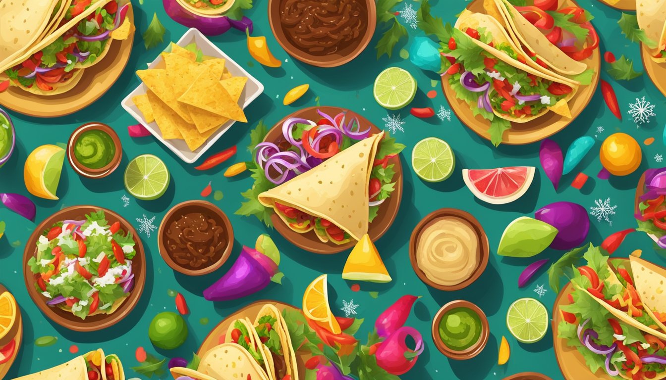 A festive table set with a variety of colorful and delicious tacos, surrounded by traditional Mexican Christmas decorations