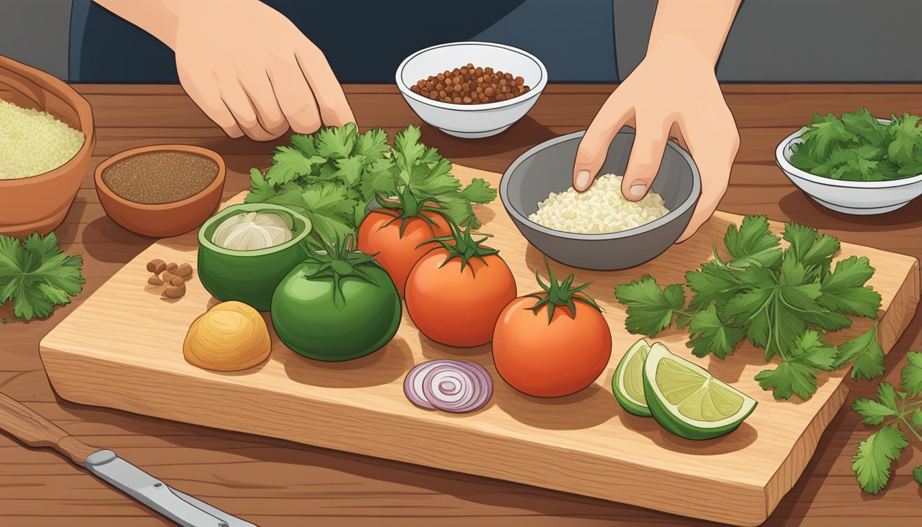 A group of fresh ingredients arranged on a wooden cutting board, including tomatoes, onions, cilantro, and various spices. A pair of hands expertly preparing the taco fillings