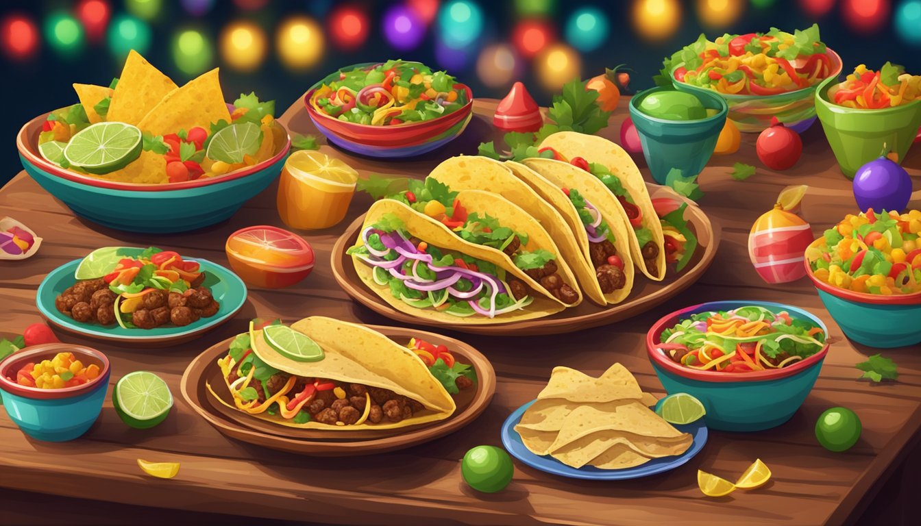 A festive table with a variety of tacos, surrounded by smiling faces and colorful decorations, symbolizing the warmth and togetherness of a Mexican Christmas