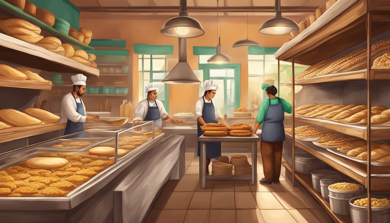 A traditional Mexican bakery with shelves of freshly baked tacos and bakers preparing the dough and filling for the tacos