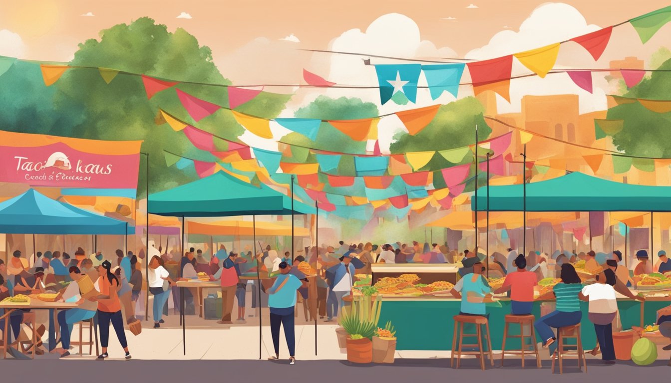 A bustling Texas taco festival with colorful banners, lively music, and vendors serving up a variety of delicious tacos