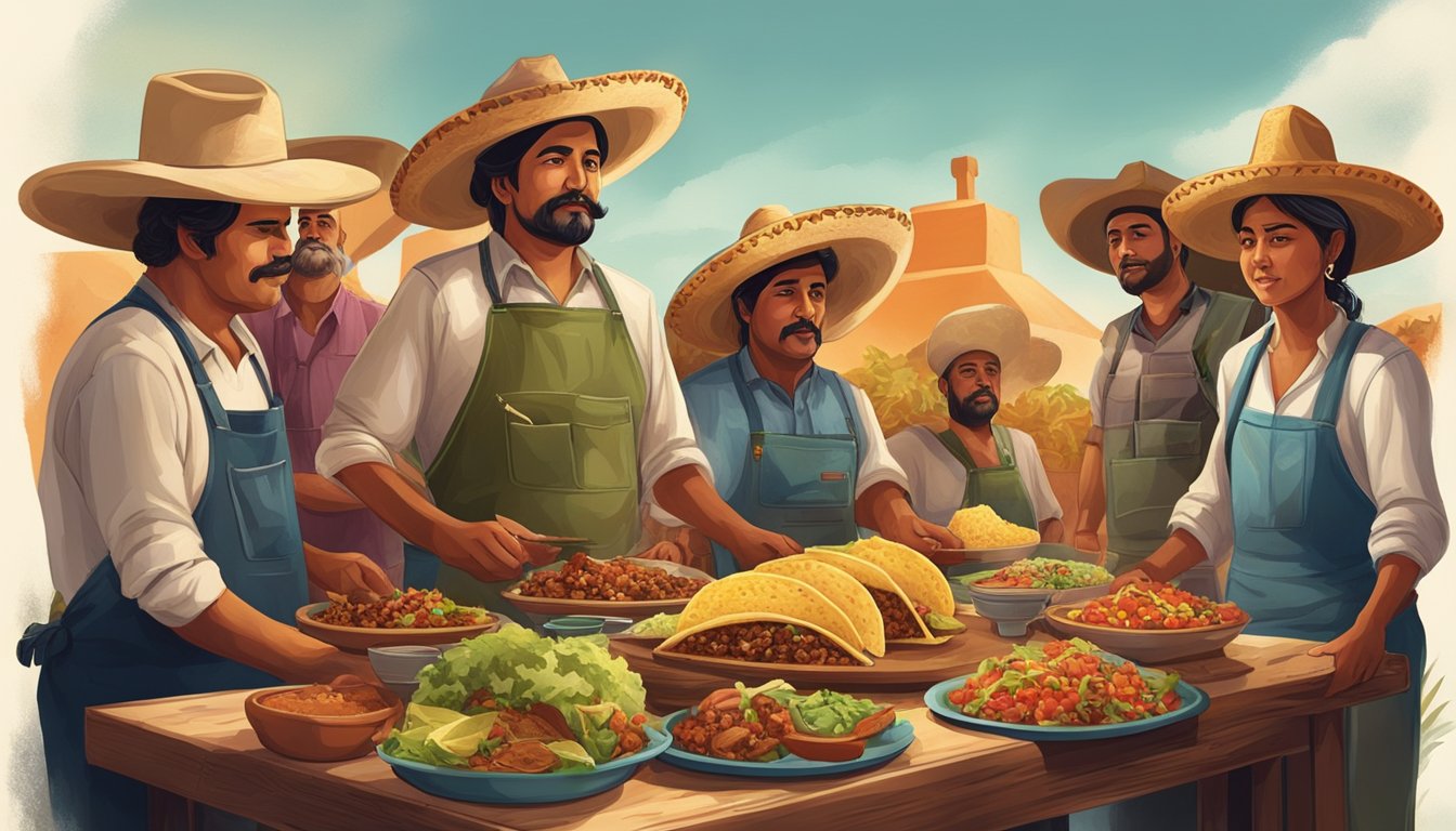 A group of Mexican farmers gather around a large table, enjoying a variety of tacos filled with traditional ingredients. The aroma of sizzling meat and spices fills the air