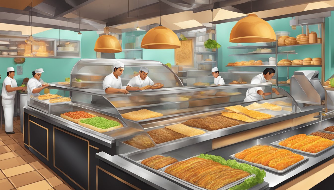 A bustling Mexican bakery with colorful displays of traditional and innovative tacos being prepared and served