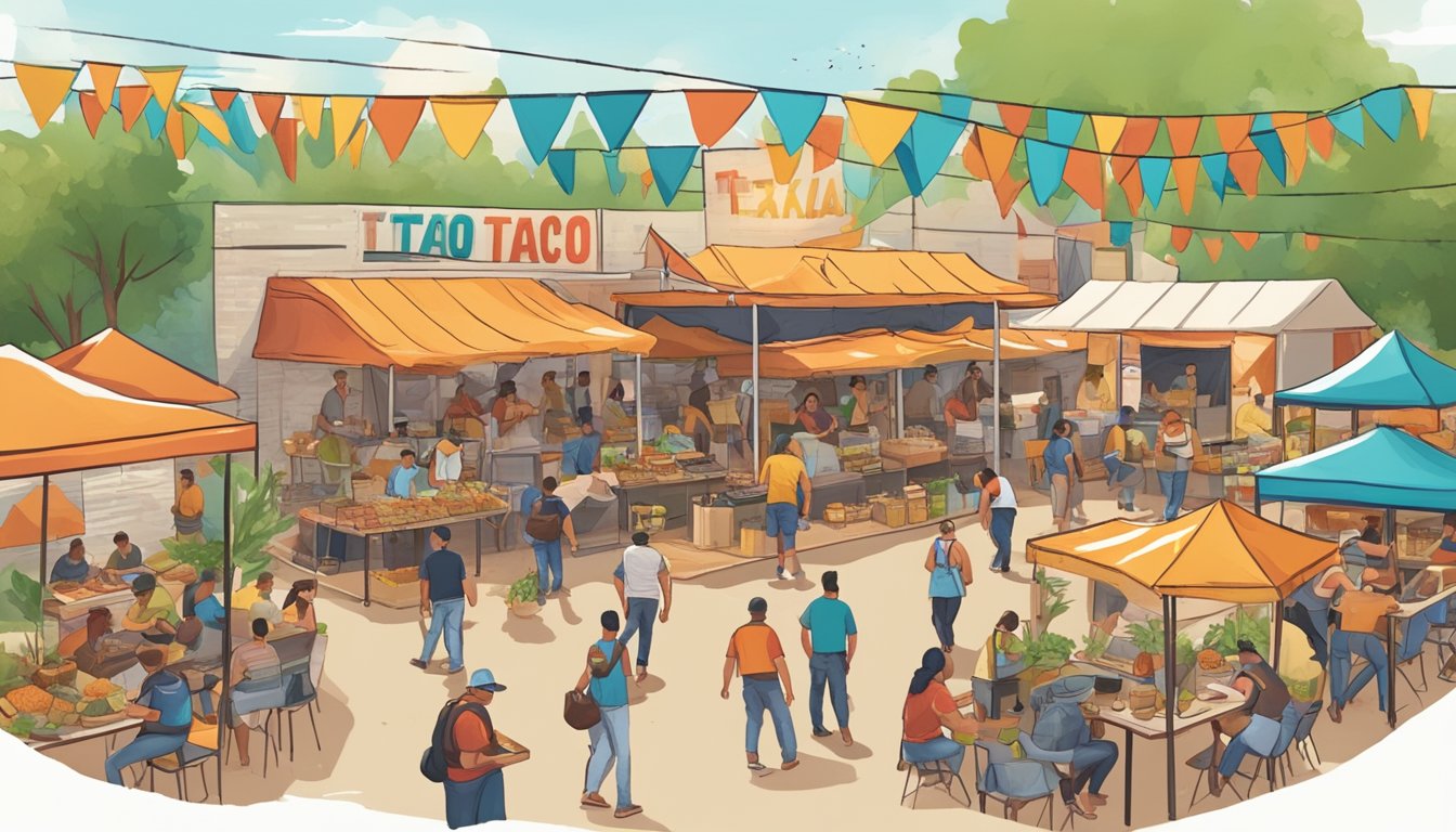 A bustling Texas taco festival with food vendors, live music, and people enjoying various activities