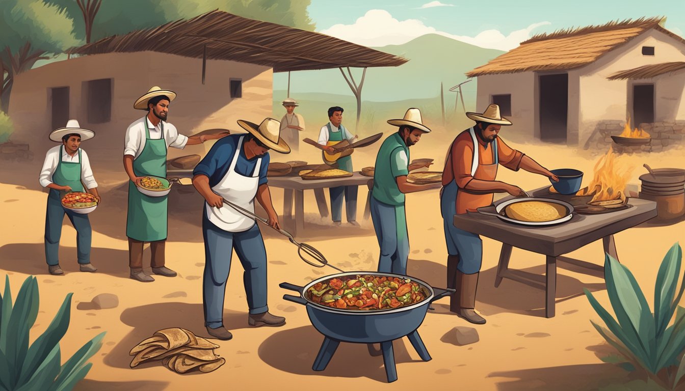 A group of Mexican farmers preparing and cooking tacos over an open fire in a rural setting