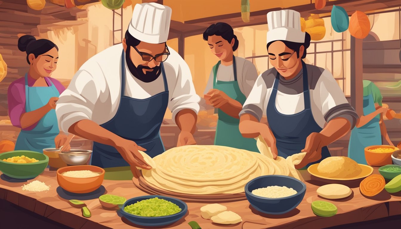 A group of Mexican bakers skillfully hand-pressing masa dough to create traditional tacos, surrounded by colorful ingredients and cooking utensils