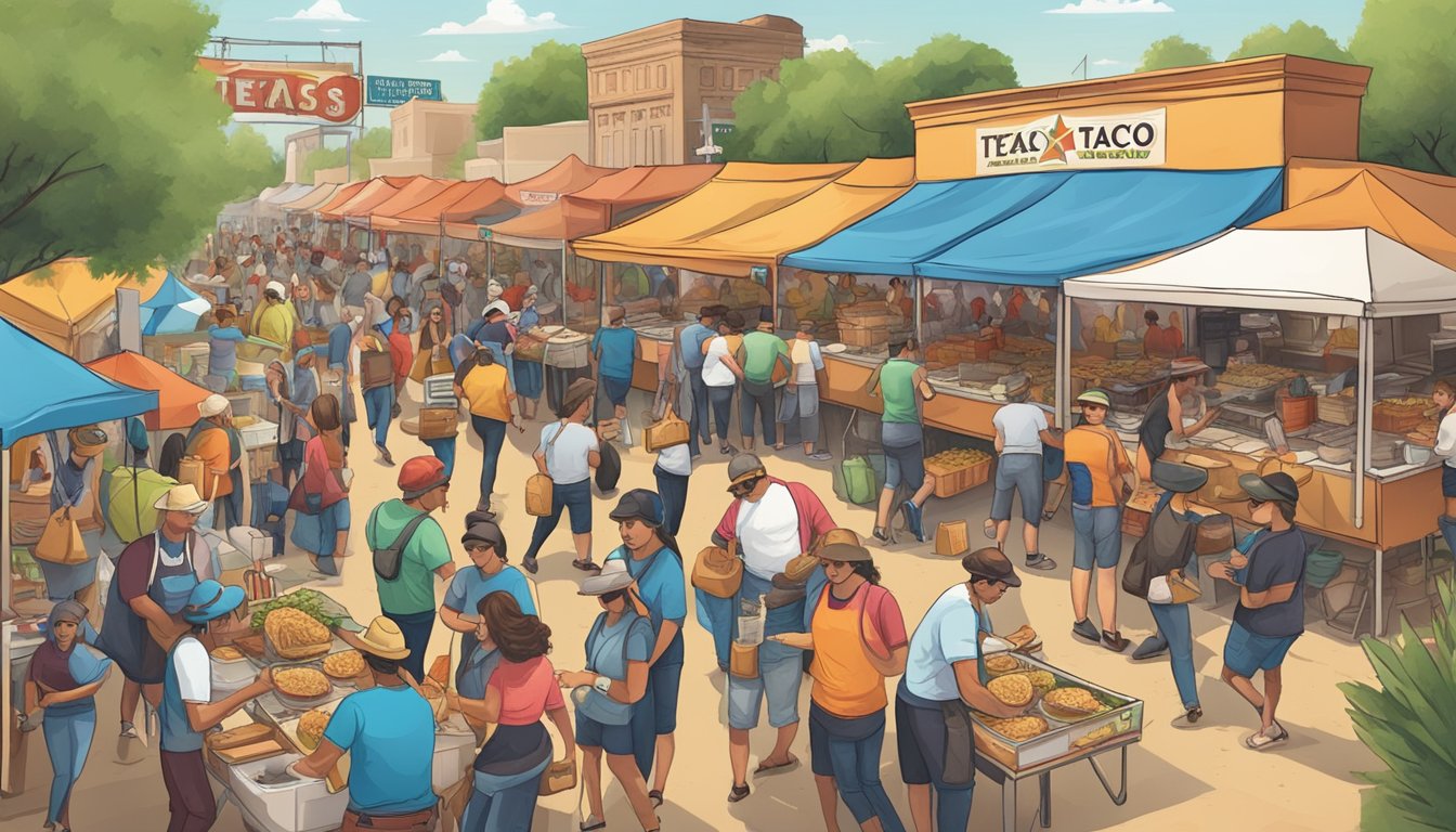 A bustling Texas taco festival with vendors, food competitions, and business opportunities