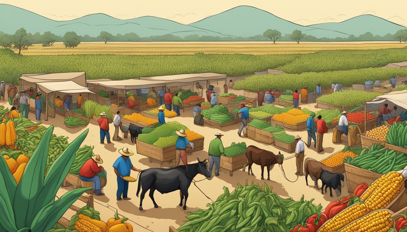 Mexican farmers harvesting corn and peppers, while their livestock graze nearby. A bustling market with vendors selling fresh produce and handmade tortillas