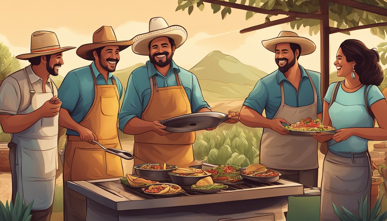 A group of Mexican farmers gather around a large, outdoor grill, cooking and sharing tacos while chatting and laughing together