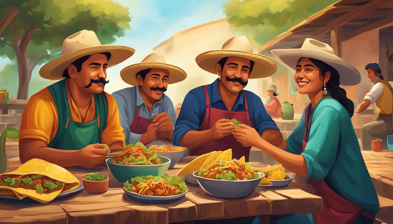 A group of Mexican farmers enjoying tacos in a rustic outdoor setting, surrounded by vibrant colors and traditional decor