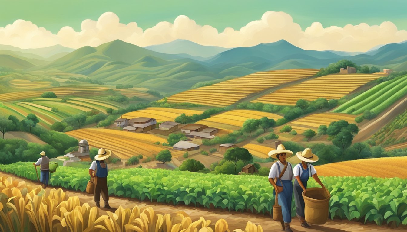 A group of Mexican farmers tending to their crops, with a backdrop of rolling hills and a small village in the distance