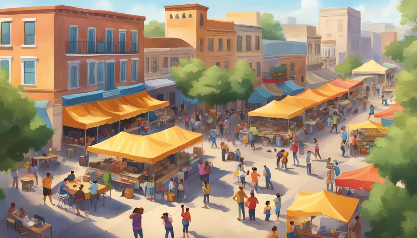 A bustling Texas town square filled with colorful tents, food vendors, and lively music. People sample tacos and compete in cooking contests