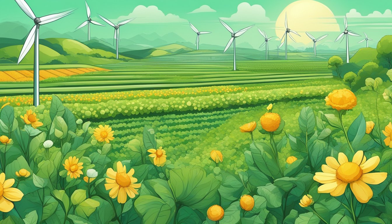 Lush green fields with rows of vibrant vegetables and herbs, surrounded by wind turbines and solar panels. Bees buzz around pollinating flowers, while workers tend to the crops with care