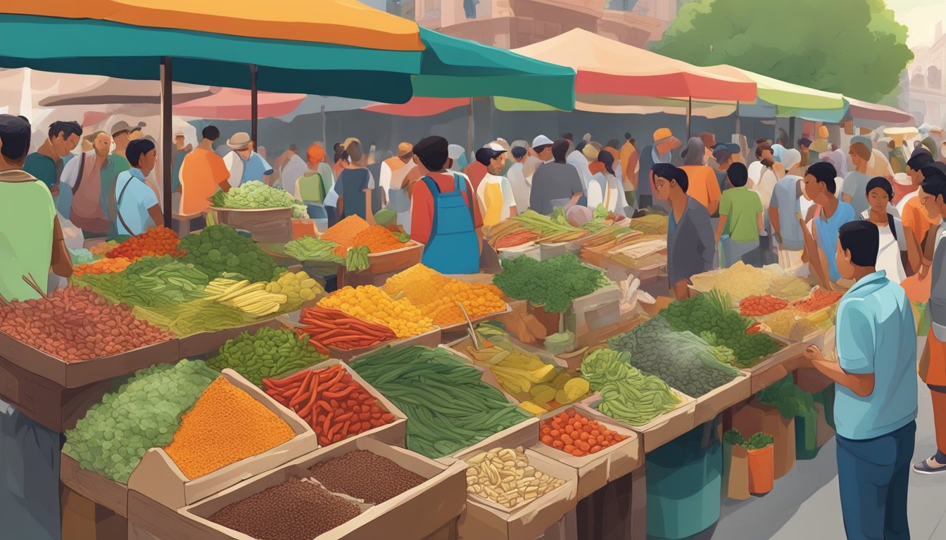 A colorful market stall overflowing with fresh ingredients and traditional Mexican spices, surrounded by bustling street vendors and curious onlookers