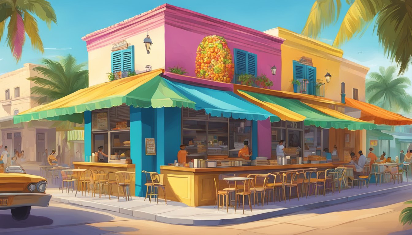 A vibrant street scene with a mix of Cuban and Floridian architecture, showcasing a variety of colorful and flavorful Cuban-influenced taco stands