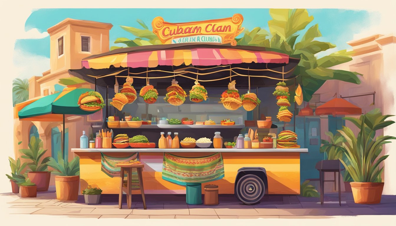 A colorful street food market with a mix of Cuban and Mexican influences. A taco stand showcases a variety of flavors and toppings, with vibrant decor and lively music adding to the festive atmosphere