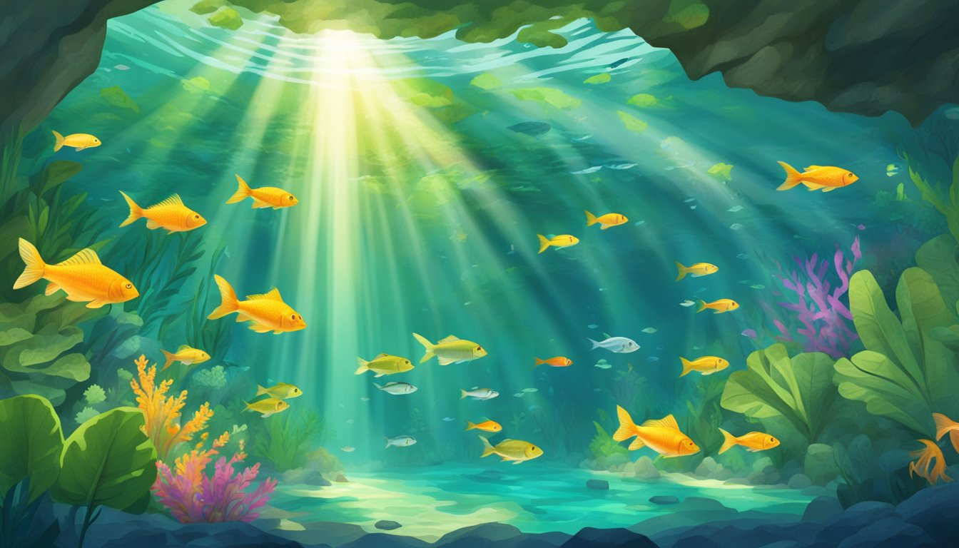 Sunlight filtering through lush jungle, illuminating the crystal-clear water of a cenote. A school of colorful fish swims among the underwater rock formations, creating a mesmerizing sight