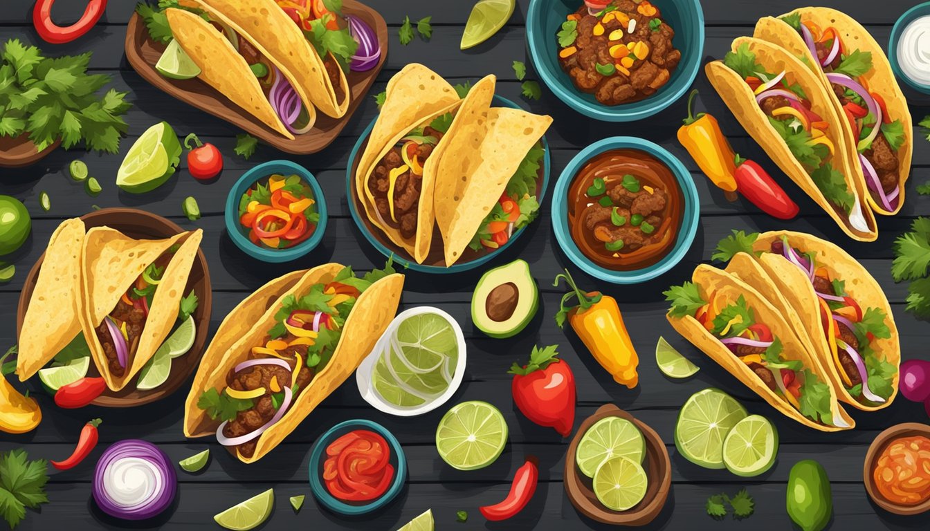 A colorful spread of traditional Mexican tacos on a rustic wooden table, surrounded by vibrant ingredients and traditional pottery