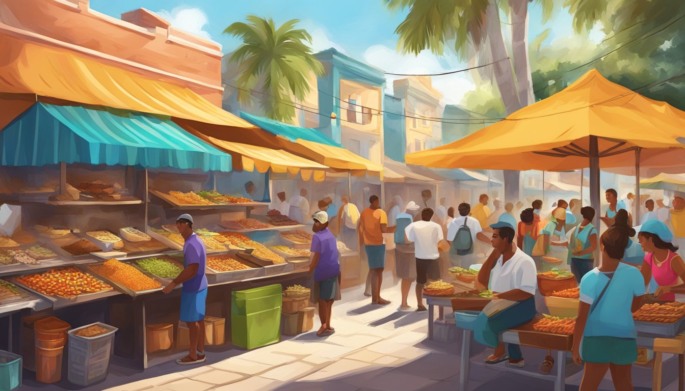 A vibrant street market with colorful food stalls selling a variety of Cuban-influenced tacos in Florida. The aroma of sizzling meats and spices fills the air