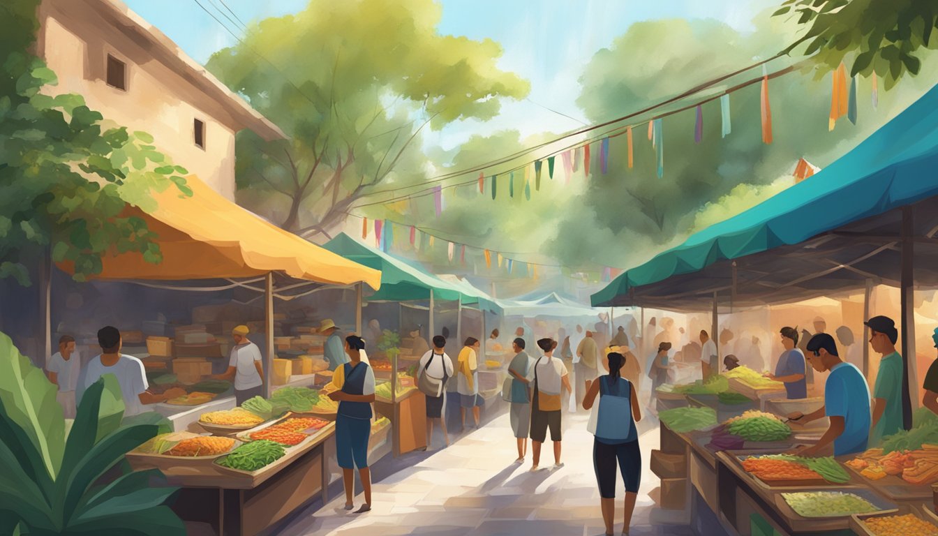 A bustling street market with colorful stalls selling tacos and surrounded by lush greenery and a serene cenote