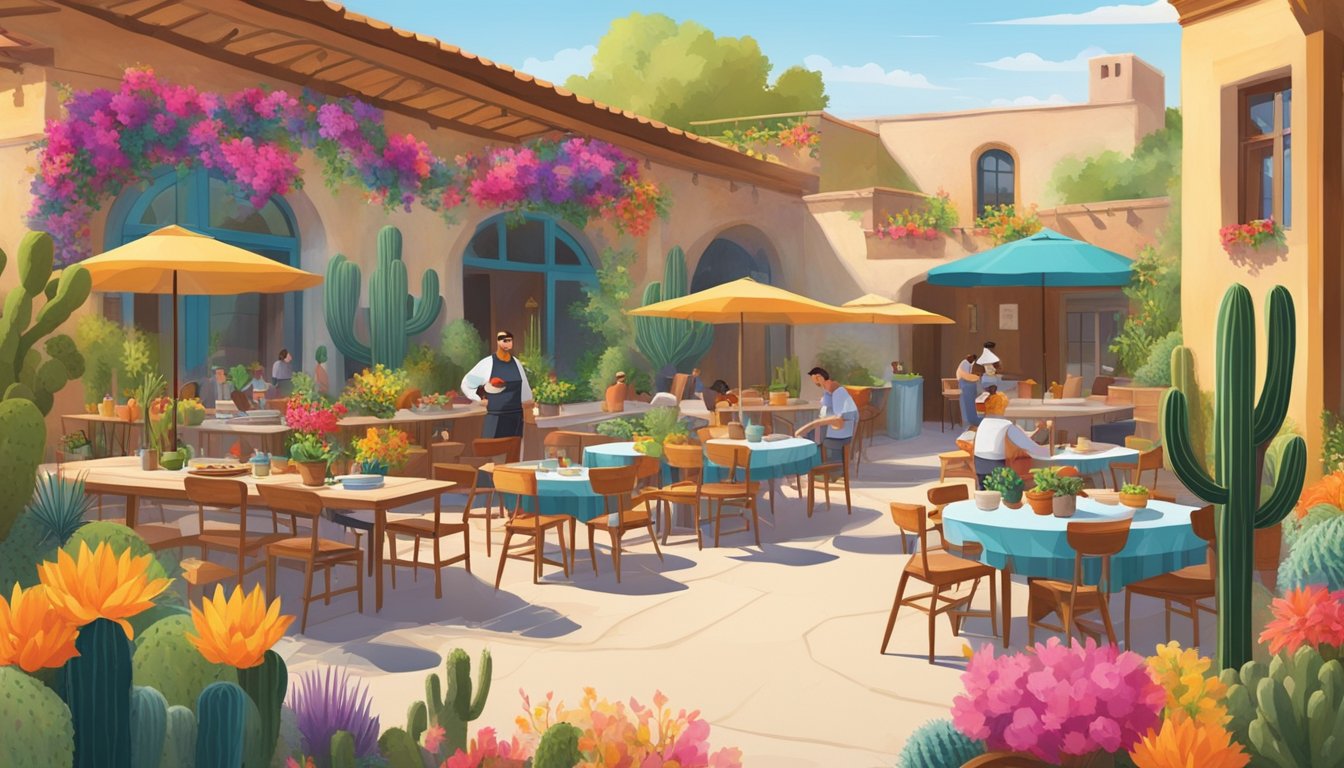 A colorful courtyard filled with tables and chairs, surrounded by vibrant flowers and cacti. A chef grills tacos on a large, open-air grill while guests relax and enjoy the sunny day