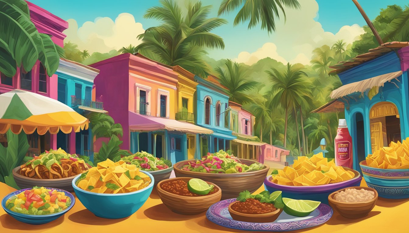 A vibrant spread of Cuban-inspired taco toppings and condiments, including pickled onions, plantains, and spicy mango salsa, set against a backdrop of tropical foliage and colorful architecture