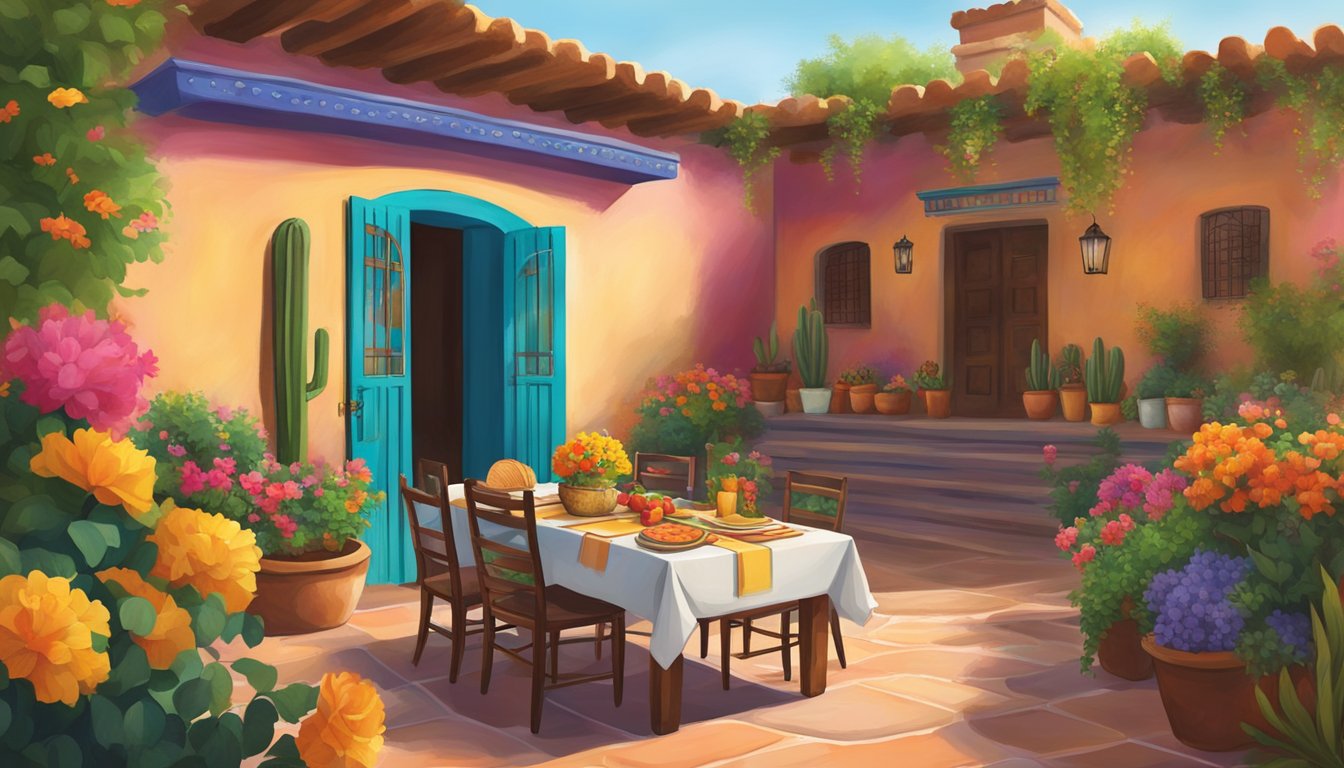 A colorful Mexican hacienda courtyard with a table set for a taco feast, surrounded by vibrant flowers and traditional decor